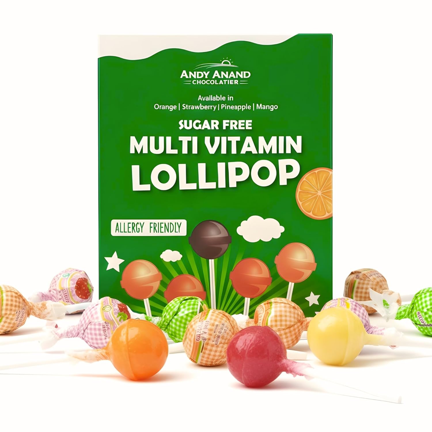 Andy Anand sugar-free lollipops, 29 count, keto and diabetic friendly, vegan, gluten-free, natural fruit flavors.
