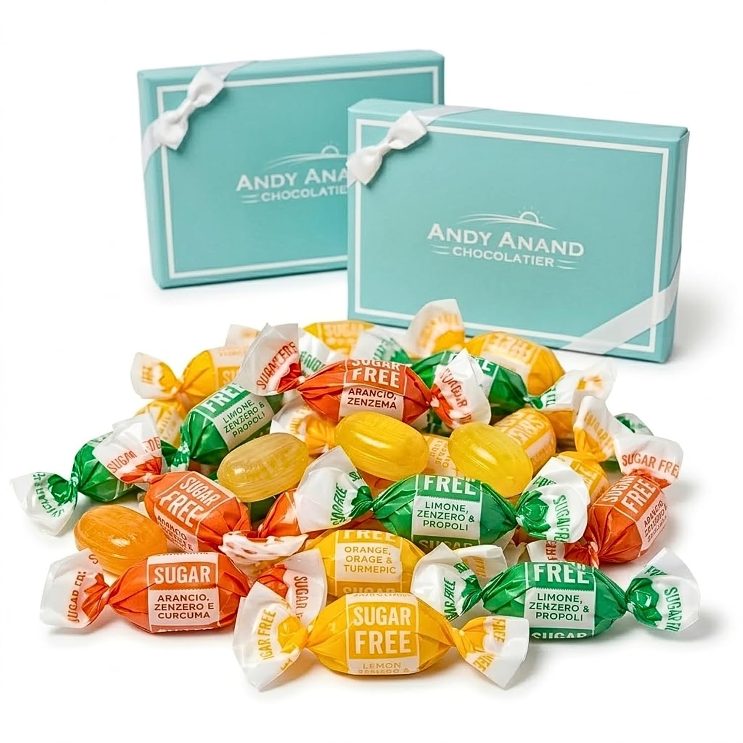 Andy Anand Sugar-Free Ginger Candy, 55 pc, 7 oz – Orange, Mango & Lemon Flavors, Made in Italy, Imported Keto & Diabetic-Friendly Gift Box