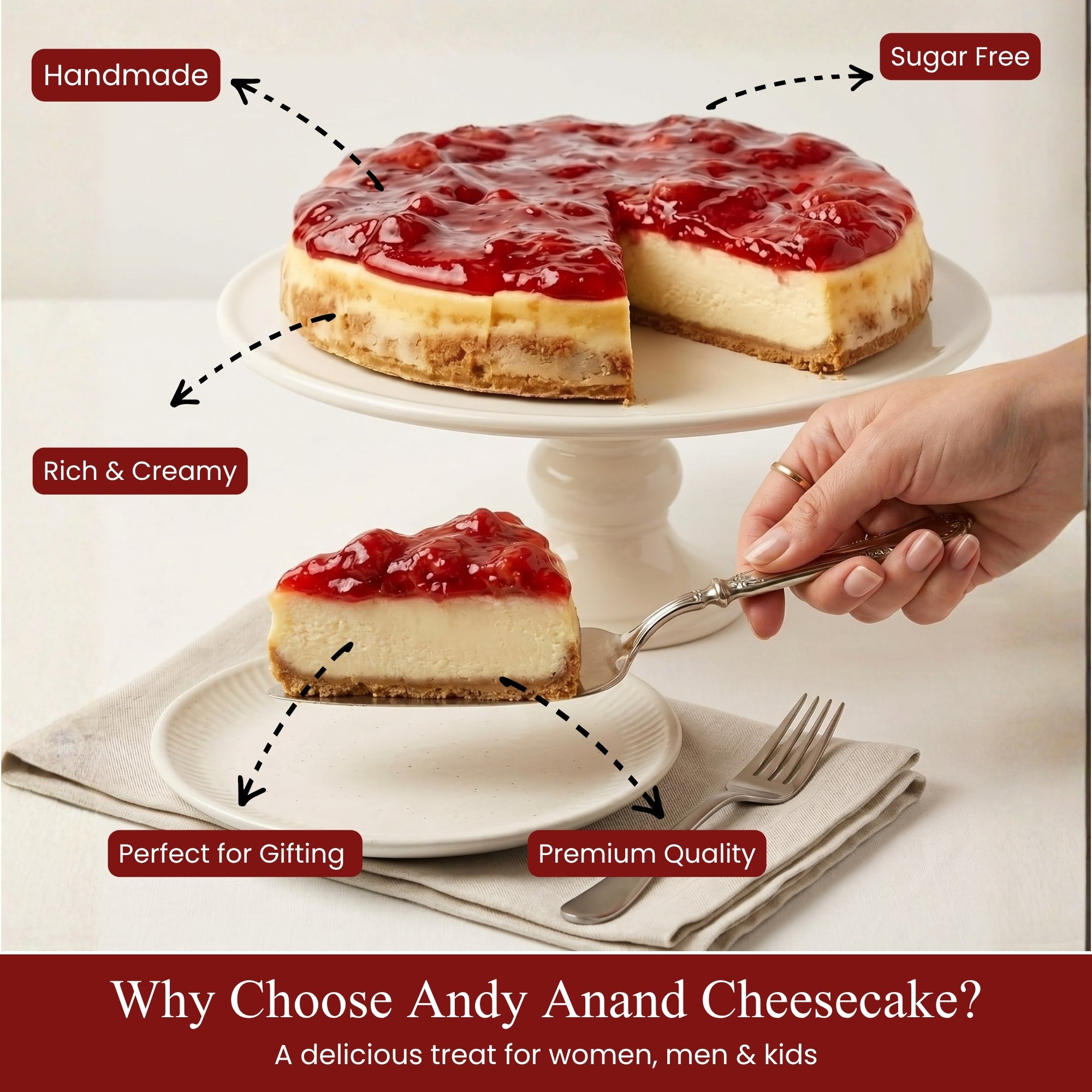 Andy Anand Deliciosa tarta de queso con fresas y sin azúcar recién horneada: el mejor sabor clásico (3,4 lbs)