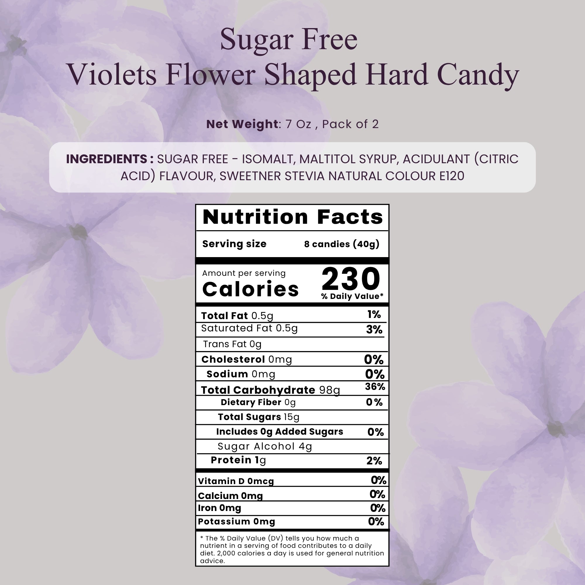 Andy Anand Violetas sin azúcar, una típica gragea antigua de caramelo con forma de flor de cinco pétalos elaborada con esencia de violeta