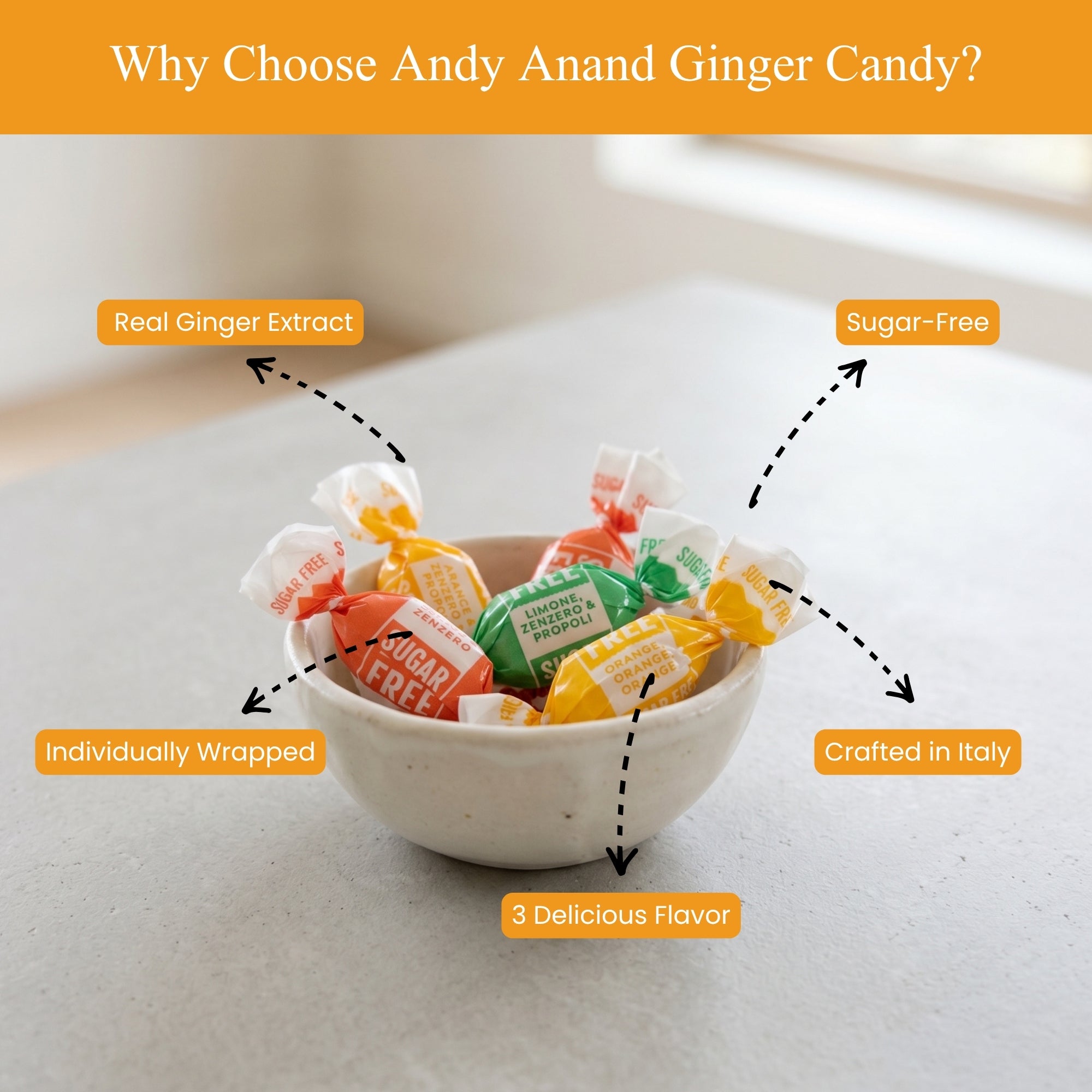 Andy Anand Caramelo de jengibre sin azúcar con gran sabor 3 sabores naranja, mango y limón fabricado en Italia (1 libra)