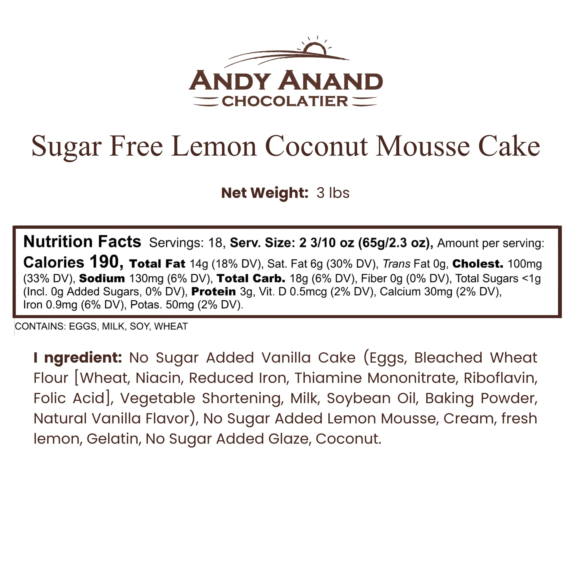 Gâteau mousse citron-coco sans sucre Andy Anand (3 lb) - Desserts de boulangerie succulents et crémeux, plaisir sans culpabilité (3 lb) 