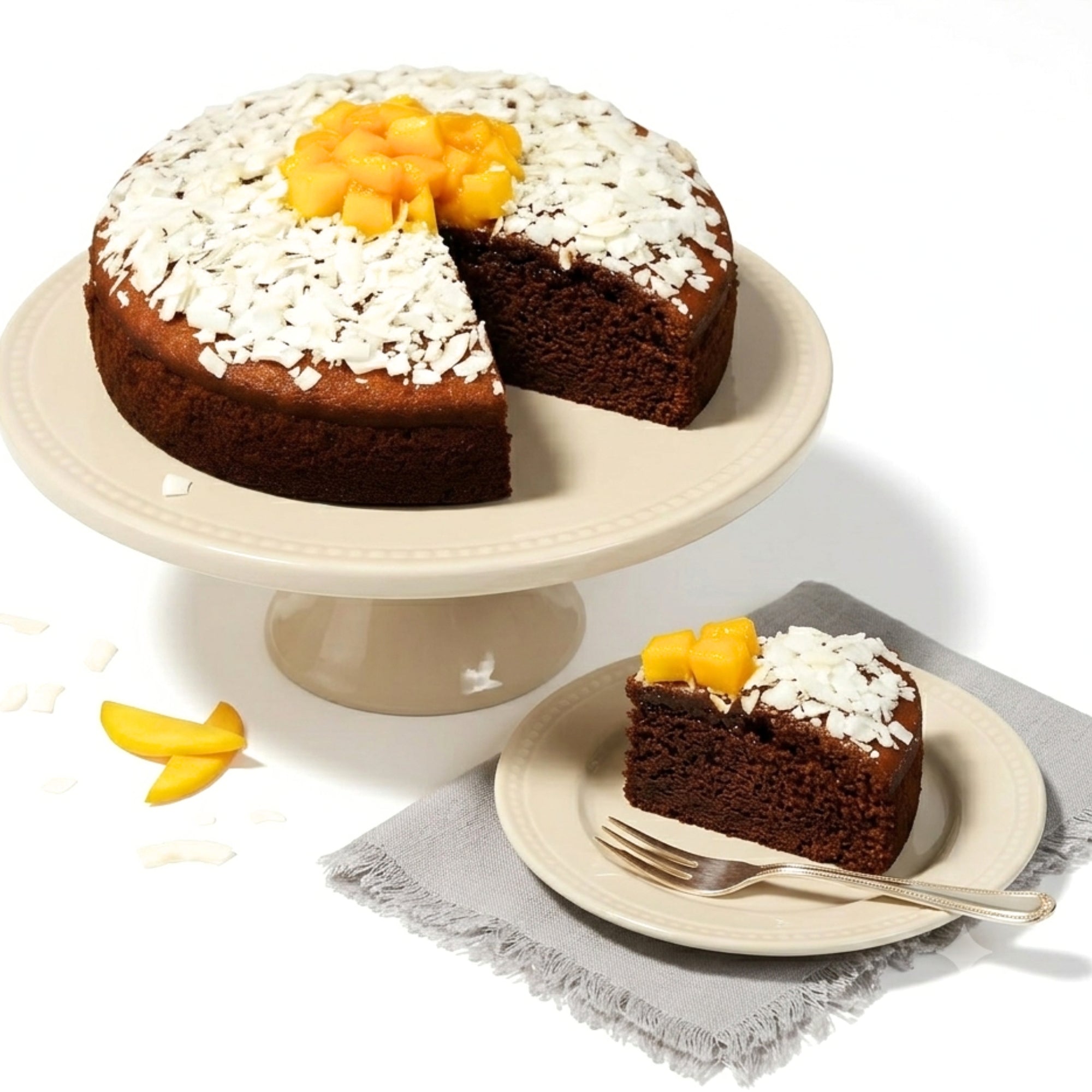 Gâteau à la mangue et à la noix de coco trempé sans sucre d'Andy Anand (2,5 lb) - Profitez du goût incroyable d'un gâteau classique à la mangue et à la noix de coco sans sucre ! Trempé dans de la purée de mangue fraîche