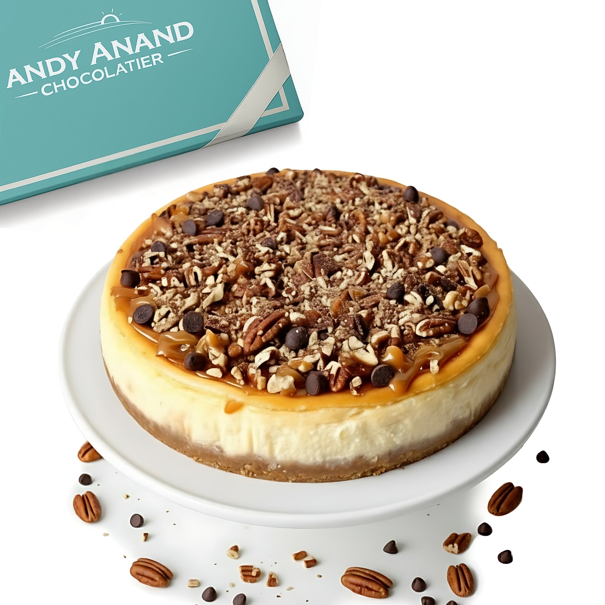 Andy Anand Turtle Cheesecake, 9-Inch, 2 lb – Caramel, Chocolate Chips & Nuts, California Cream Cheese, No Preservatives, Birthday Gift Box
