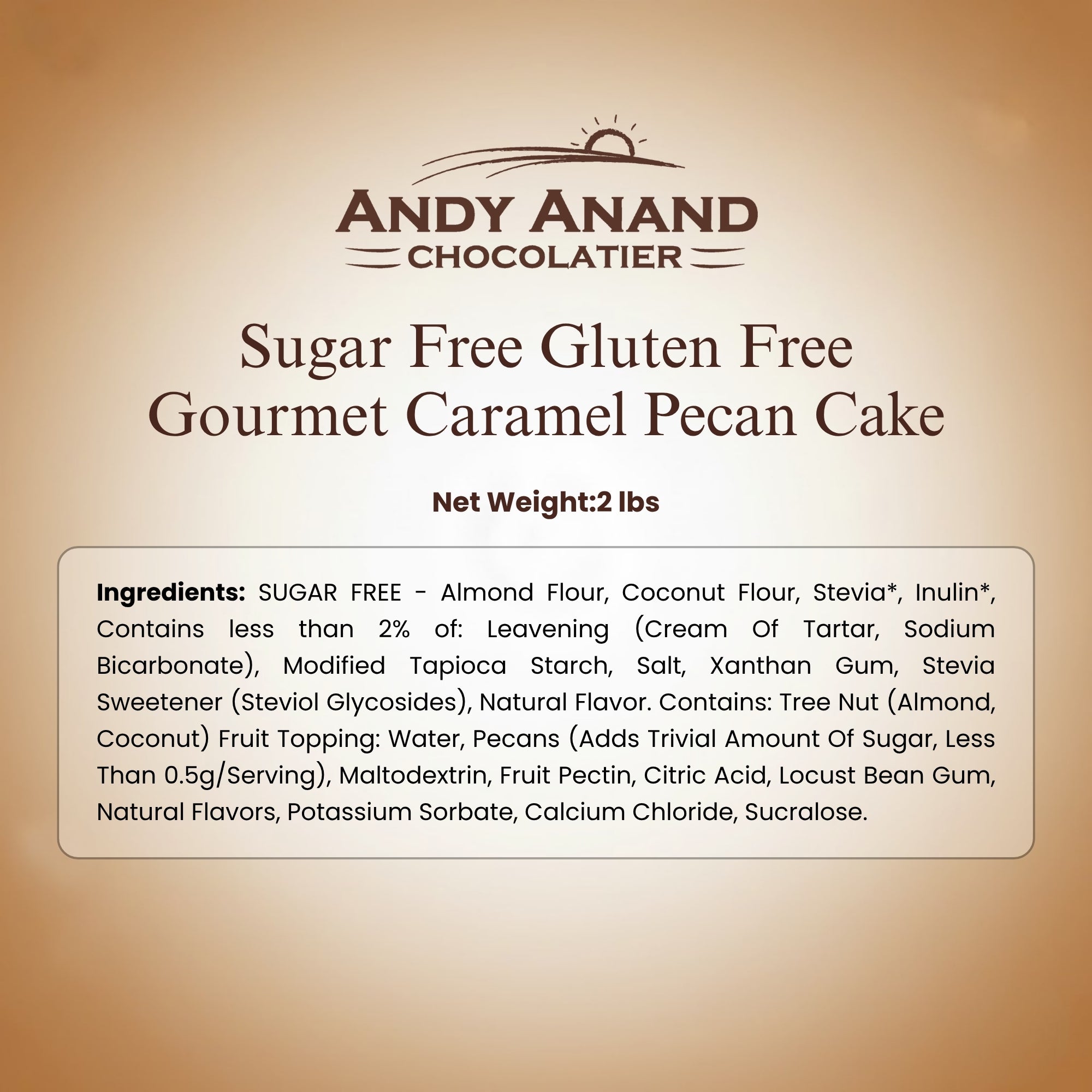 Andy Anand Chocolates Food & Beverages > Desserts & Sweets > Cakes > Sugar-Free Cakes Andy Anand Sugar-Free Gluten-Free Caramel Pecan Cake, 9-Inch, 2.8 lb – Keto & Diabetic-Friendly, Natural Sweetener, Birthday Gift Box Sugar-Free Gluten-Free Caramel Pecan Cake | Keto