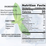 Close-up of the nutrition label on Andy Anand Sugar Free Italian Balsamic Mint Candy: 150 Pcs, Delicious & Refreshing, Ideal for Keto, Vegan, Gluten-Free Lifestyles 7 Oz package.