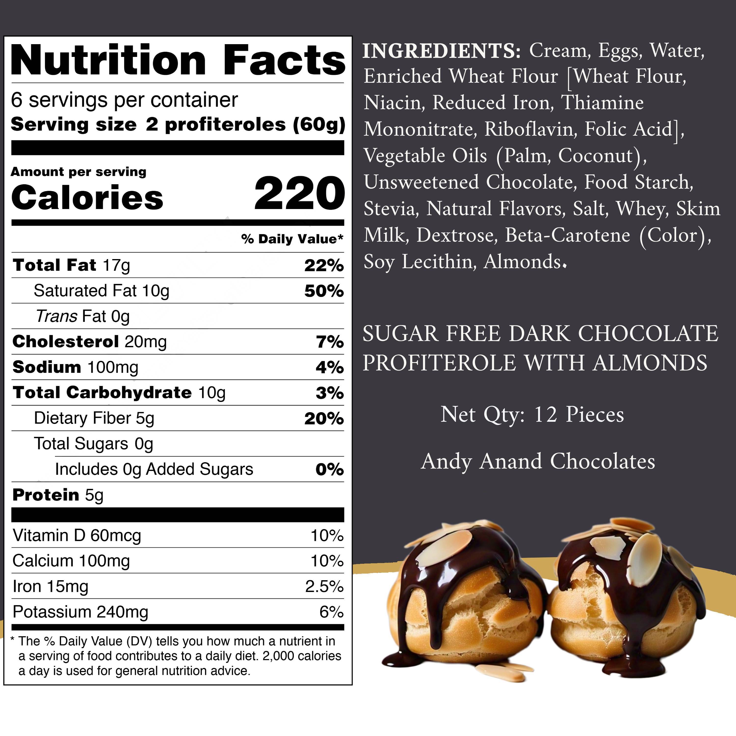 Andy Anand Sugar Free Dark Chocolate Profiterole with Almonds, 12 pcs French Cream Puff, Made in France by world famous La Pasticceria, Slowly savor for an amazing experience