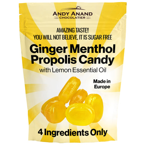 Andy Anand 60 Pc Sugar Free Ginger Menthol Propolis Candy with lemon essential oil, 4 powerful ingredients 7 oz