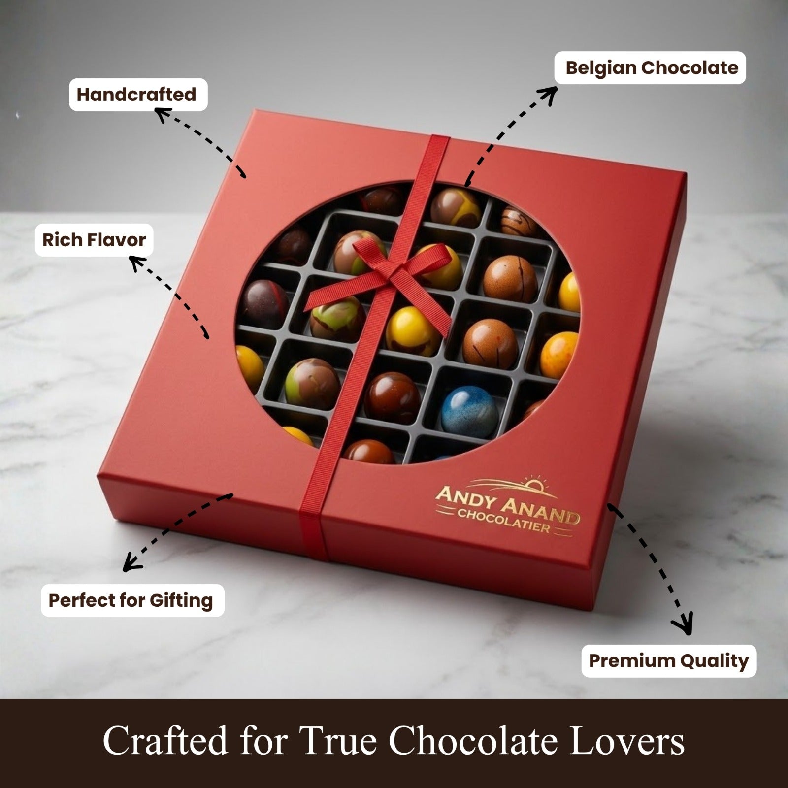 Andyanand Food & Beverages > Desserts & Sweets > Chocolate Andy Anand Monet Chocolate Bonbons Gift Box, 25 pc, 6.52 oz – Gluten-Free Belgian Truffles & Pralines, Birthday & Holiday Gift Collection Belgian Chocolate Bonbons 25 pc | Gluten-Free, Nationwide