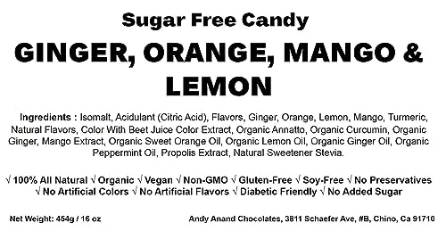 Sugar Free Ginger Candy Variety of natural, sugar-Free ginger candies in three flavors - orange, mango, and lemon. Made with organic, vegan, and gluten-free ingredients in Italy. Andy Anand Chocolates, All Products, Products, Italian Delicacies imported from Italy, Sugar Free Candy.