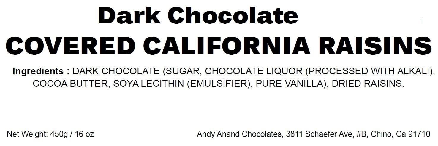 Chocolate Raisins Gourmet dark chocolate-covered California raisins, a delectable treat with a rich chocolate exterior and plump, juicy raisins inside. Andy Anand Chocolates, All Products, Products - Dark Chocolate.