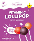 Andy Anand Low Calorie Lollipops, Vitamin C Enriched 31 pcs, Fruit Flavors, 8.8 oz - Kids Vitamin C Pops, Kids Love Them! Sweetened with real fruit Juice - Andyanand