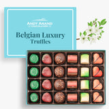 Exquisite Belgian chocolate truffles assortment from the Andy Anand Collection, showcasing a variety of luxurious flavors including orange, baileys, creme brulee, tiramisu, raspberry, hazelnut, strawberry, irish coffee, pistachio, and mint. Andy Anand Chocolates, All Products, Products, Chocolate Truffles- Free 2nd Day Air.