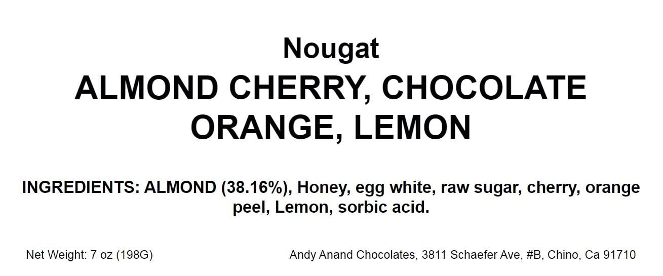 Almond Nougat Turron Candy Delectable soft nougat brittle featuring roasted almonds, cherry, chocolate orange, and lemon flavors. Gourmet confection from Andy Anand Chocolates, all products.