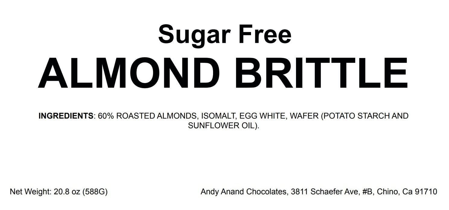 Sugar Free Almond Brittle Nougat Delightful sugar-free almond brittle with a crunchy texture and rich, buttery flavor. Crafted in Europe using premium ingredients including roasted almonds, egg white, and Isomalt. Gluten-free and low in carbs, this indulgent confection from Andy Anand Chocolates is perfect for health-conscious snacking. All Products, Sugar Free Brittle, Soft Brittle Nougat.