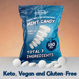 Andy Anand Sugar Free Italian Balsamic Mint Candy: 150 Pcs, Delicious & Refreshing, Ideal for Keto, Vegan, Gluten-Free Lifestyles 7 Oz, displayed in a blue bag with visible white text.