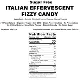 Sugar Free Italian Effervescent Fizzy Candy: Refreshing and delightful, this artisanal treat features natural lemon and orange flavors. Ideal for keto, vegan, and gluten-free lifestyles. Andy Anand Chocolates, All Products, Products, New Arrivals, Italian Delicacies imported from Italy, Sugar Free Candy.