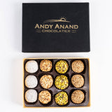 Luxurious gourmet date truffles with a medley of nuts, pistachios, and hazelnuts, expertly crafted by Andy Anand Chocolates.