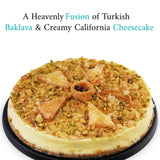 Andy Anand's Exquisite Sugar Free Baklava Cheesecake, featuring a blend of Turkish Baklava and creamy California Cheesecake, displayed on a black serving tray; perfect confection for health-conscious dessert lovers seeking luxury and flavor. Andy Anand Chocolates, All Products,Products,New Arrivals,Cheesecake Sugar Free