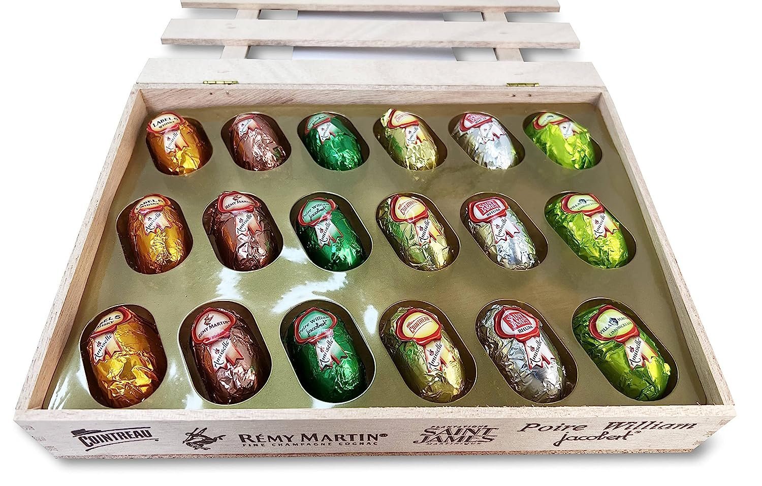 Dark Chocolate Cordials Assortment of premium selection of European liqueur-flavored dark chocolate bottles cordials, 18 count. A perfect luxury gift with 18 carefully selected pieces.