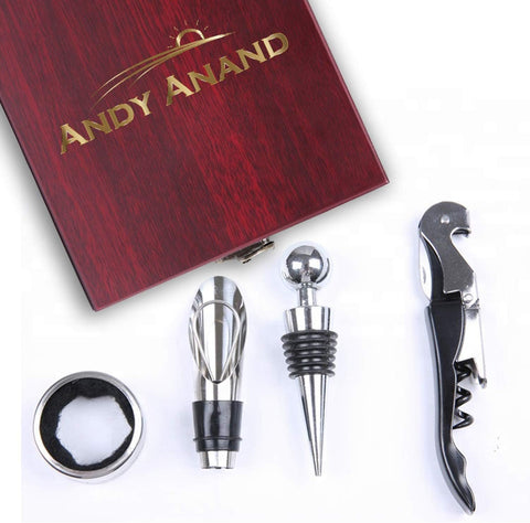 Wine and Bottle Corkscrew Opener Set for Wine Lovers with Pourer and Stopper in Deluxe Mahogany Wooden Gift Box Set,